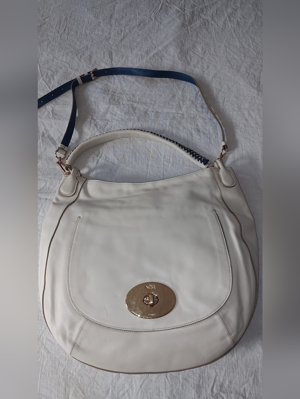 Coach White Chalk Denim Whiplash Circle Leather Shoulder Bag Gold Turn-Lock Hobo